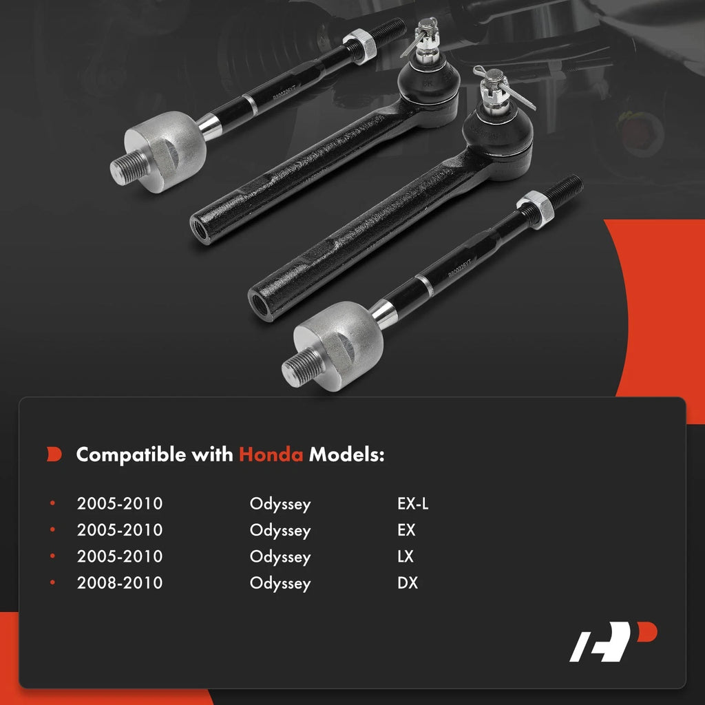 Set of 4 Front Inner Outer Tie Rod Ends for Honda Odyssey (2005–2010)