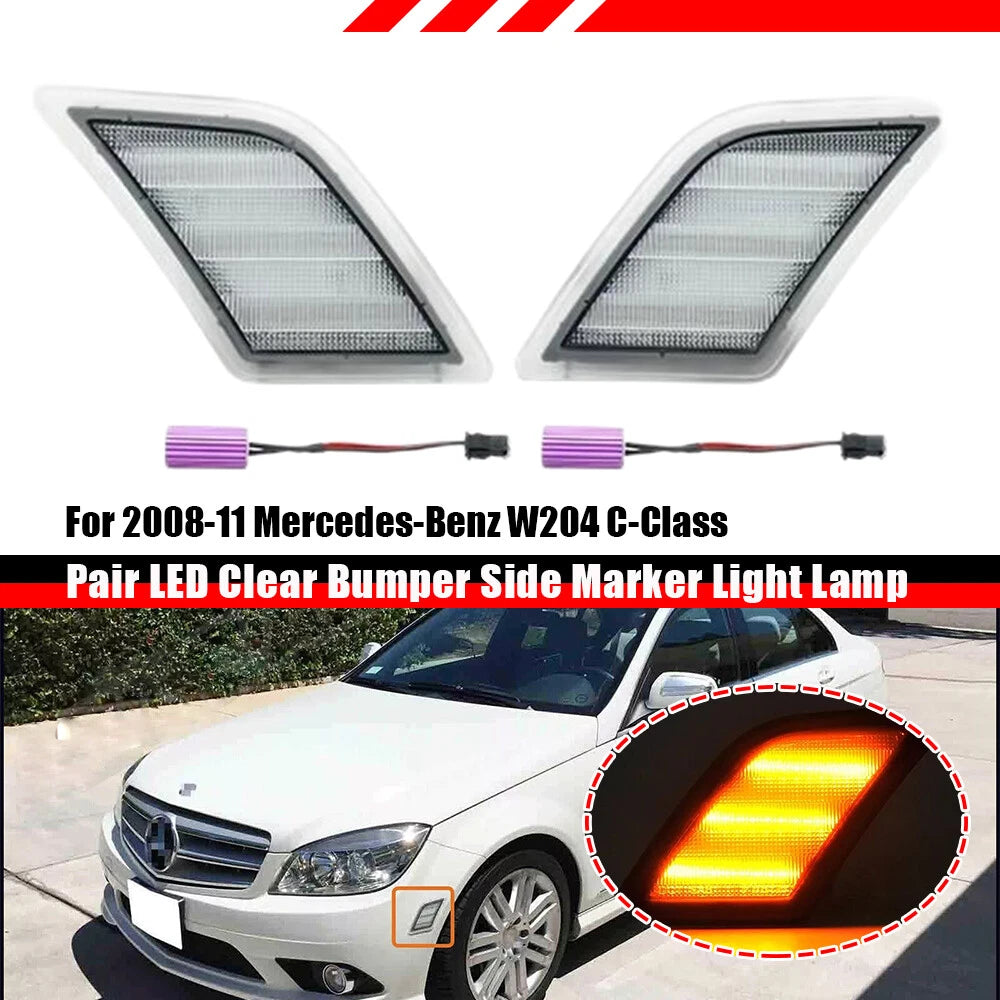 Set of 2 Clear Amber LED Side Marker Lights for Benz W204 C250 C300 C350 (2008–2011)