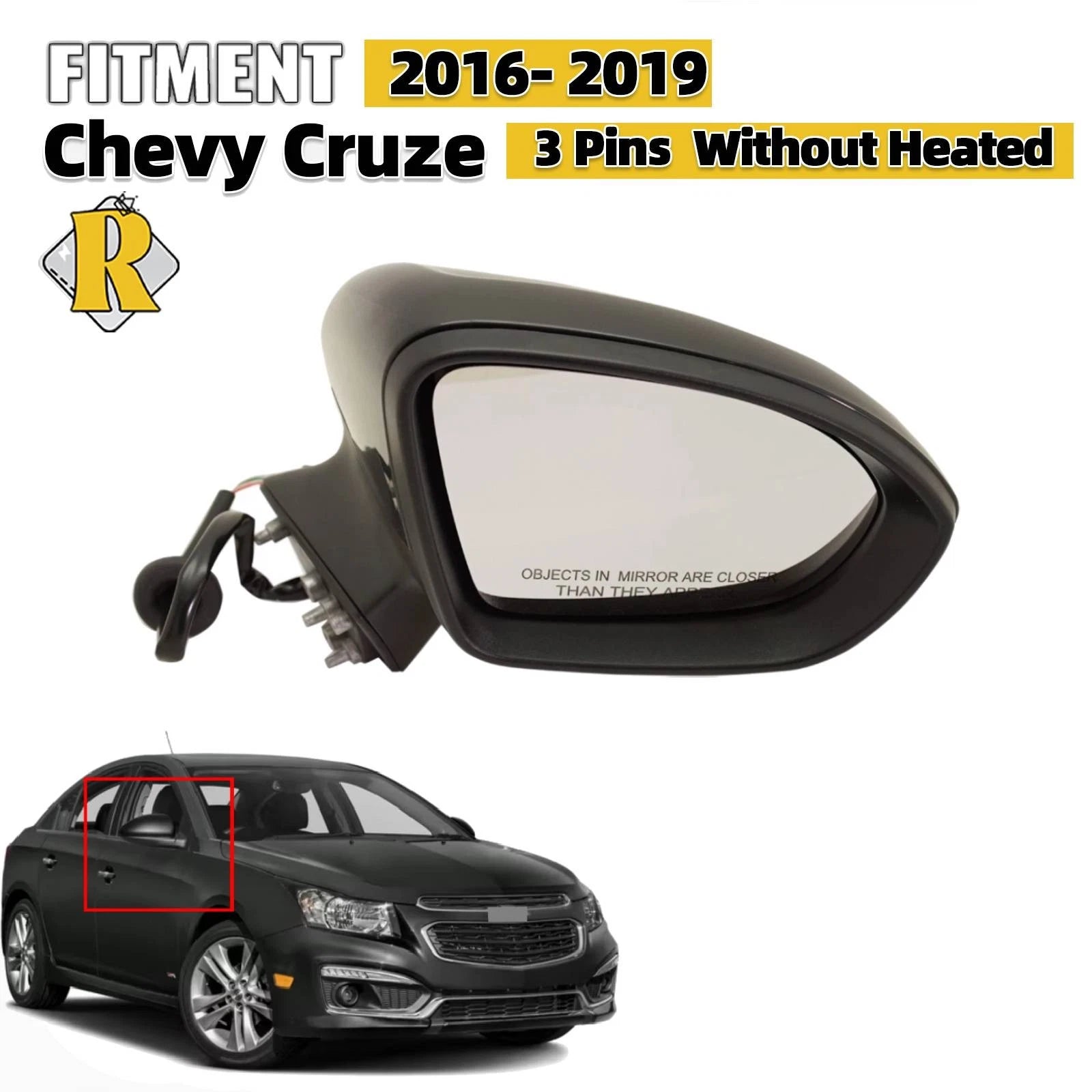 RH Passenger Side View Mirror for Chevy Cruze (2016–2019) 3 Pins