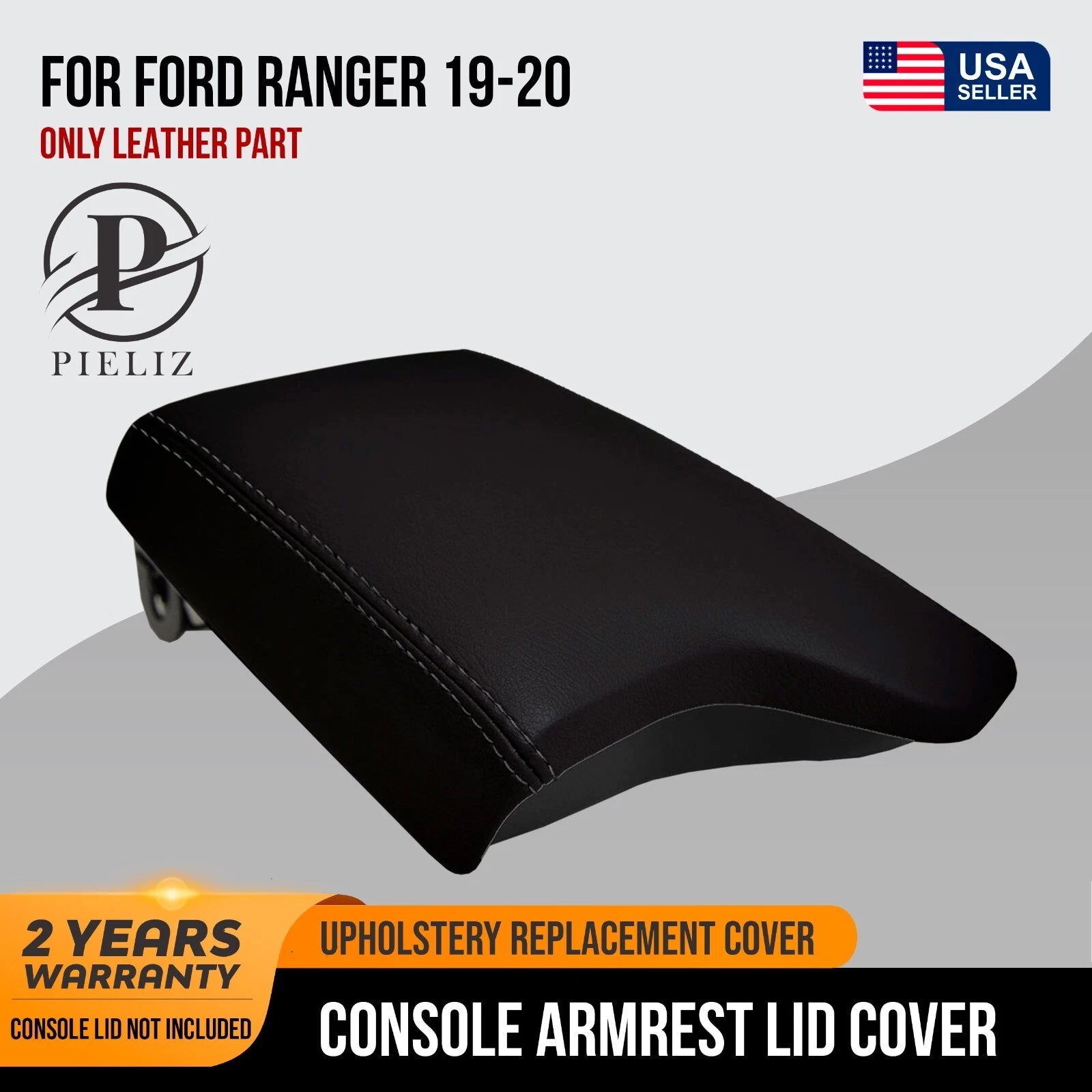 Center Console Armrest Cover for Ford Ranger (2019–2020) Black Leather