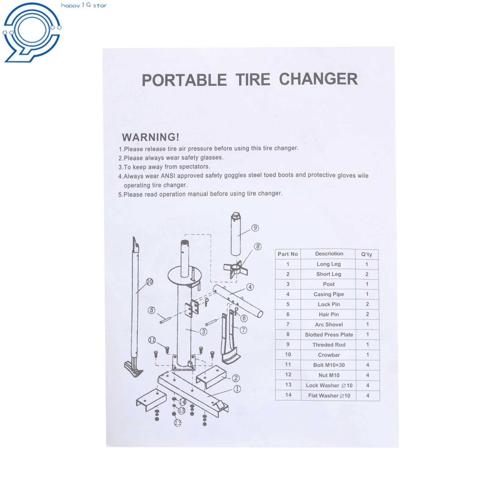 Manual Tire Changer for 8 to 16 Inch Tires (Portable)