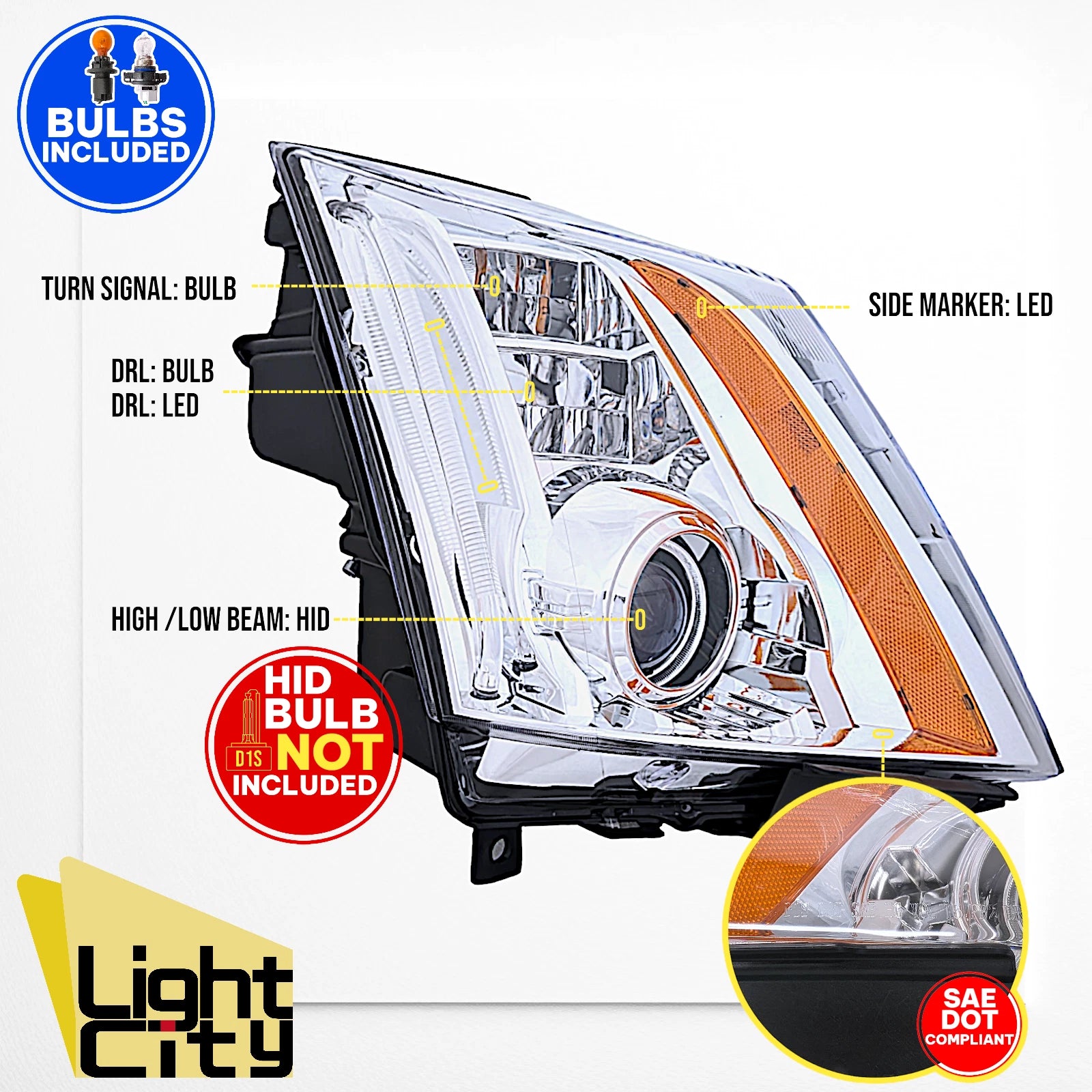 HID Headlight for Cadillac CTS (2008–2014) Chrome LED DRL RH