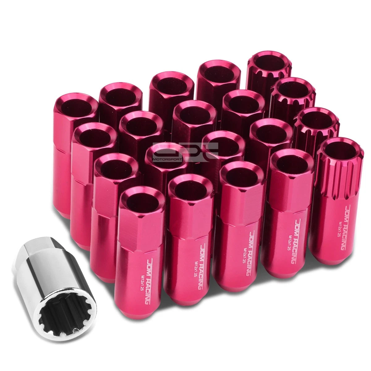Set of 4 Open-End Aluminum Pink Lug Nuts + Adapter M12x1.25 20mm OD/60mm Tall