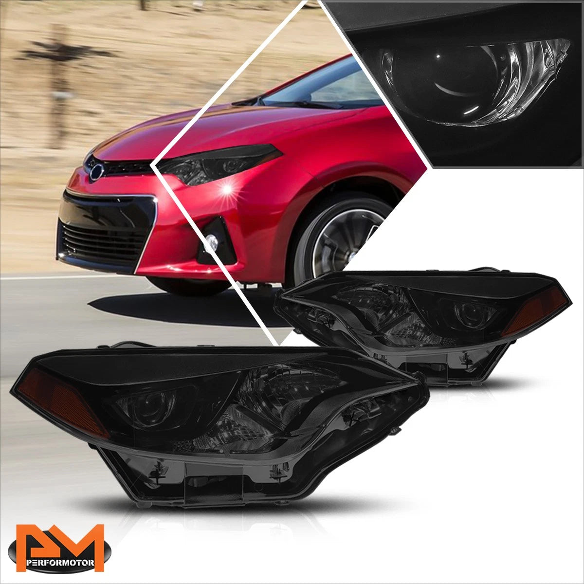 Projector Headlight Set for Toyota Corolla (2014–2016) Smoked Lens Amber Corner
