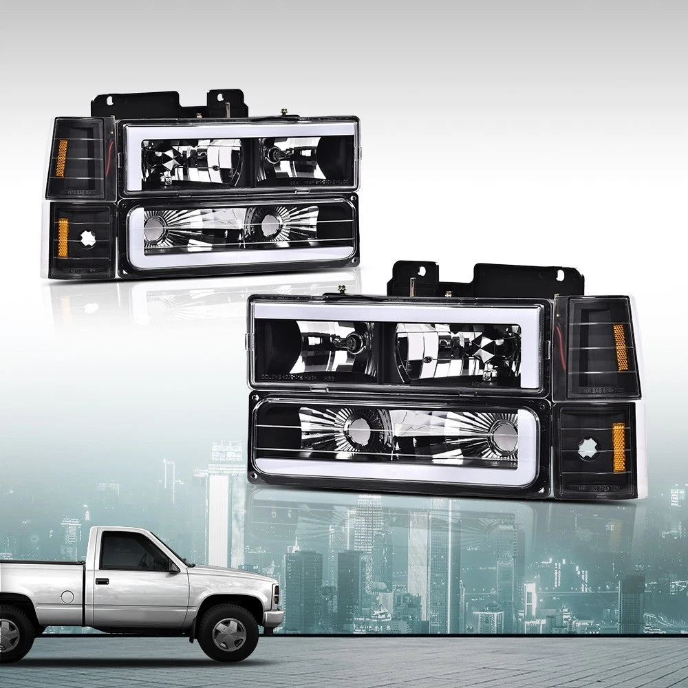 Black LED Tube Headlights for Chevy GMC Sierra C/K Silverado (88–98)