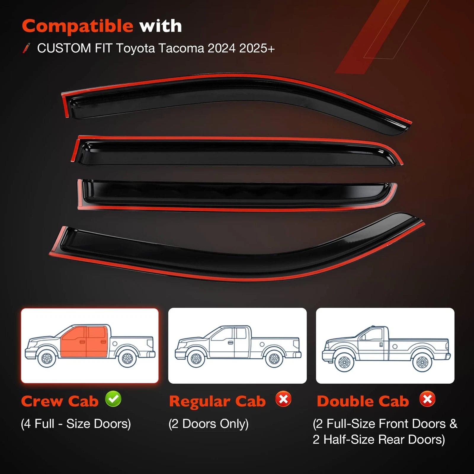 4X Side Window Rain Guards for Toyota Tacoma (2024–2025)