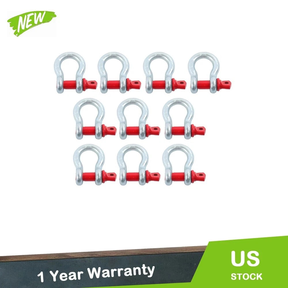 Set of 10 Bow-Shaped D Ring Shackles 2 Ton Working Load Limit
