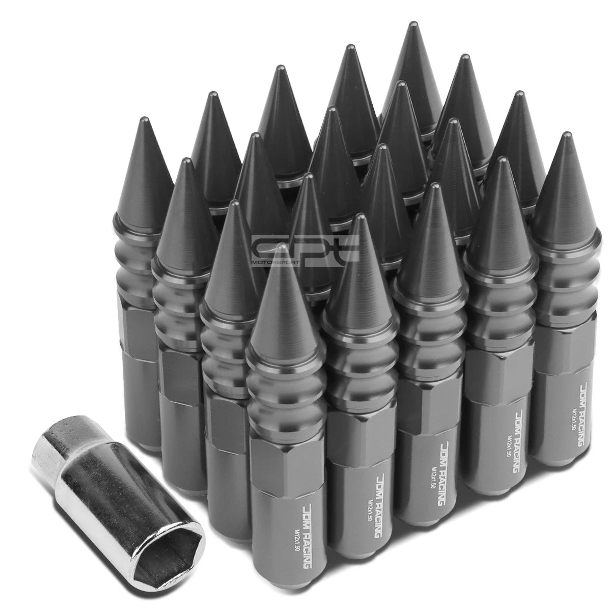 Set of 20 M12x1.5 107mm Tall Gun Metal Aluminum Spiked Lug Nuts + Adapter