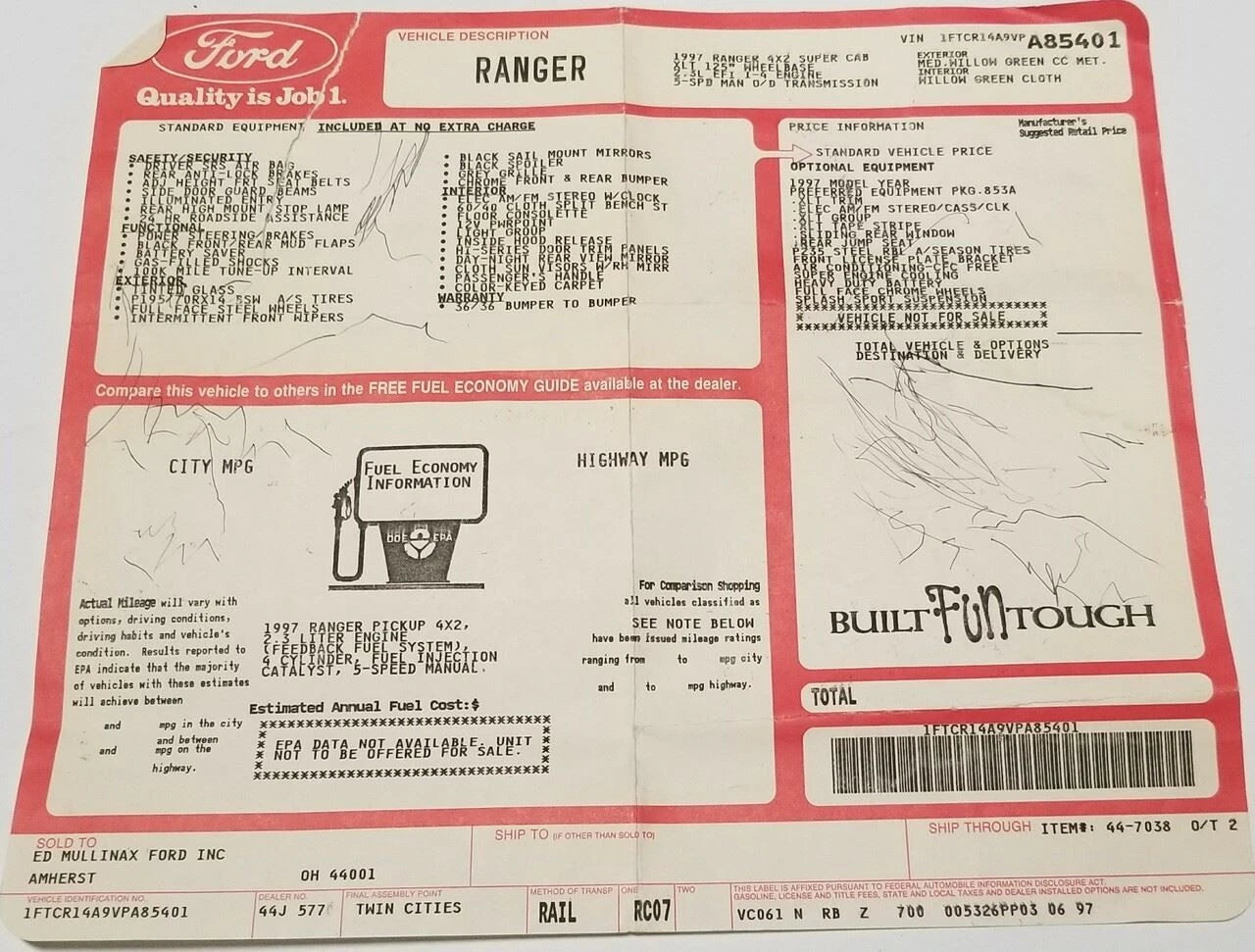 Original Dealer Window Sticker for Ford Ranger (1997) OEM