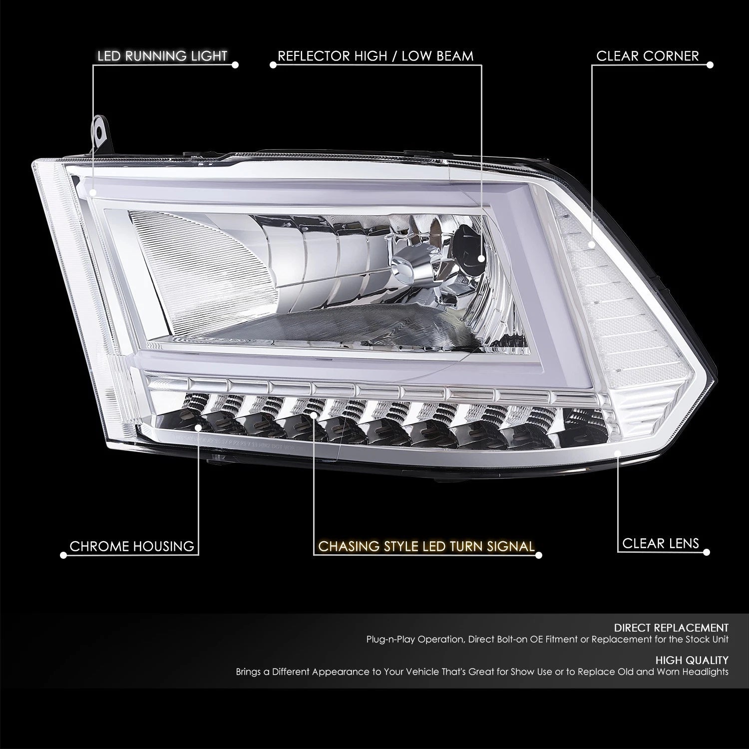 Chrome/Clear C-LED DRL Sequential Turn Signal Headlights for RAM 1500 (2009–2024)