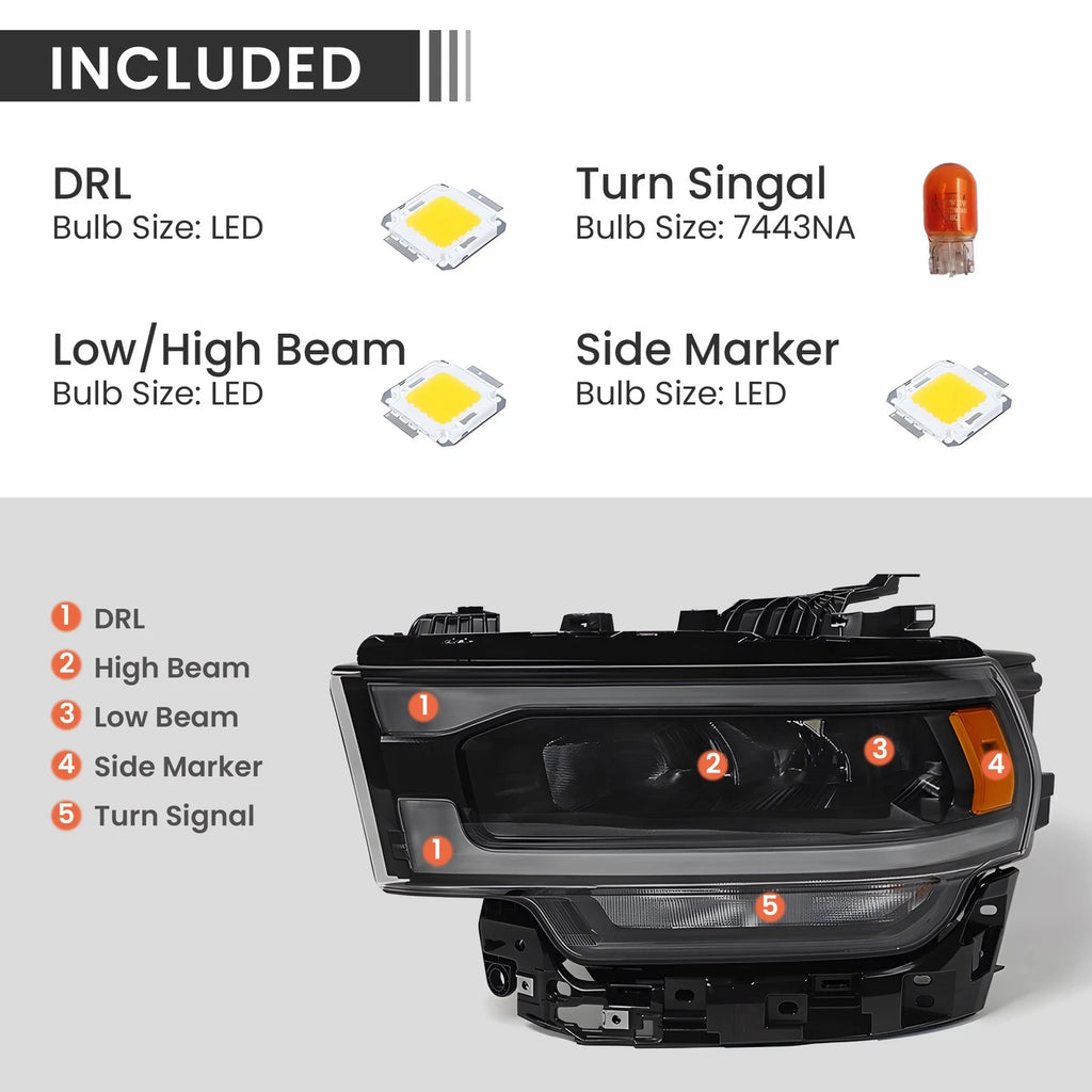 Set of 2 Halogen Upgrade LED Headlights for RAM 2500 3500 (2019–2024)
