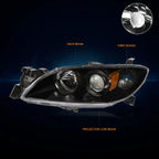 Projector Headlight/Lamp for Mazda 3 Sedan (2004–2009) Black Housing Amber