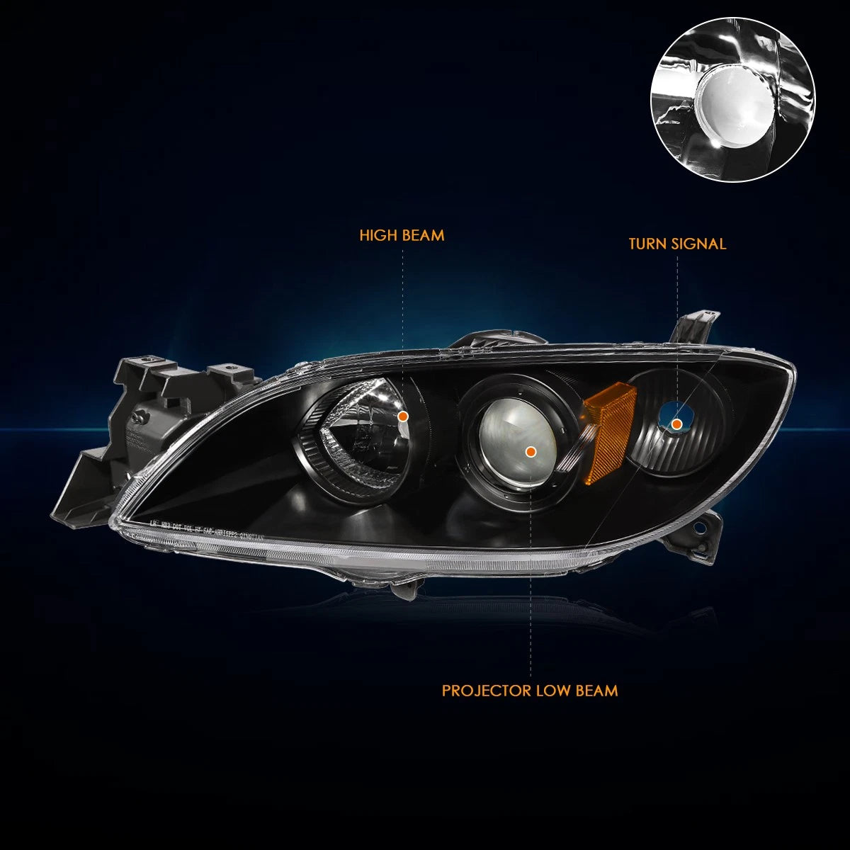 Projector Headlight/Lamp for Mazda 3 Sedan (2004–2009) Black Housing Amber