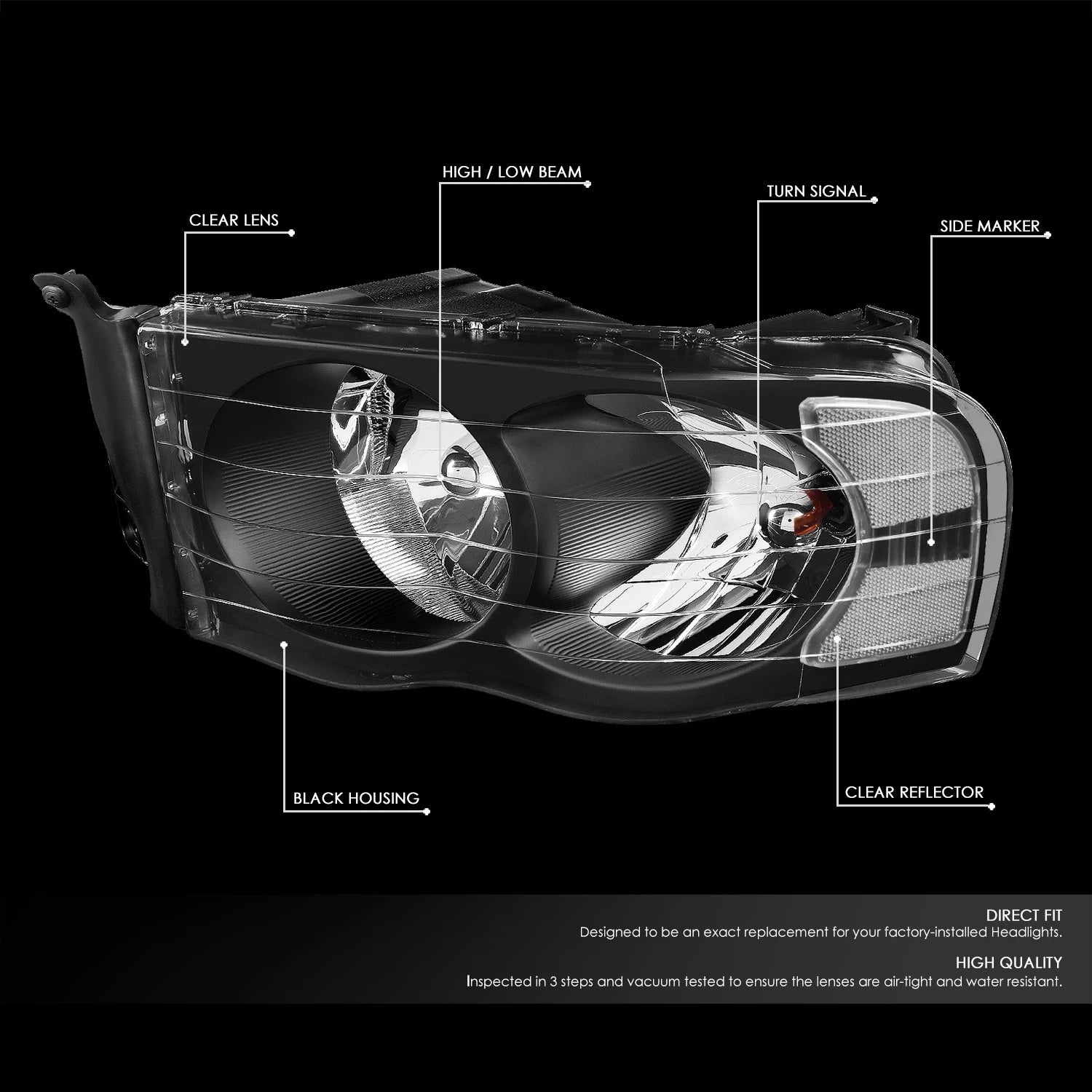 Pair of Headlights for Dodge Ram Pickup (2002–2005) - Black Housing, Clear Corner
