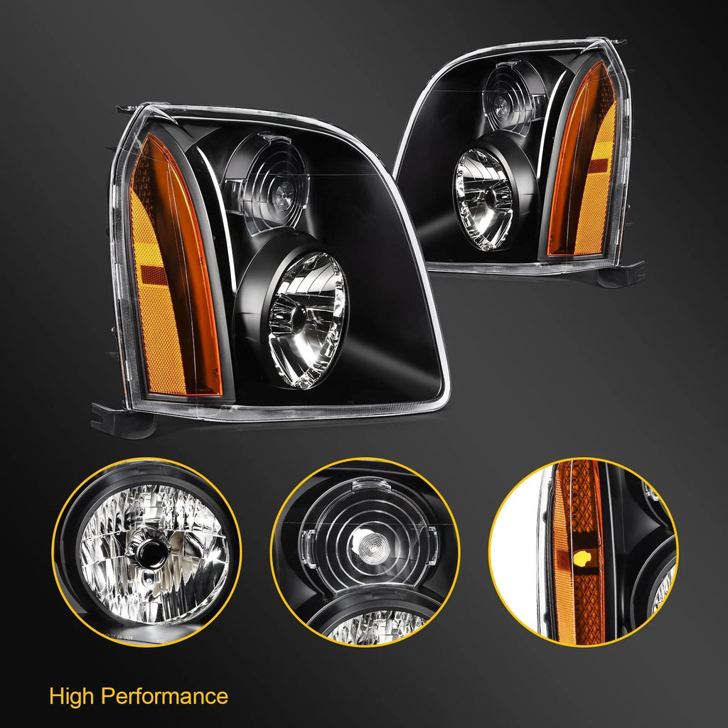 Headlight Assembly Set for GMC Yukon XL 1500 2500 (2007–2014) Black Amber