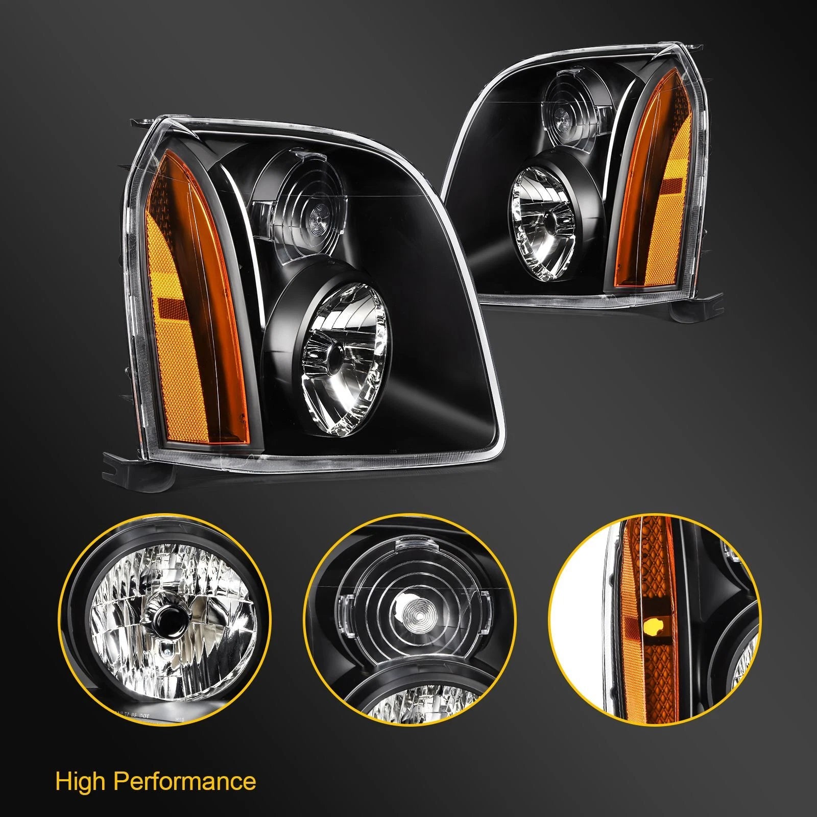 Headlight Assembly Set for GMC Yukon XL 1500 2500 (2007–2014) Black Amber