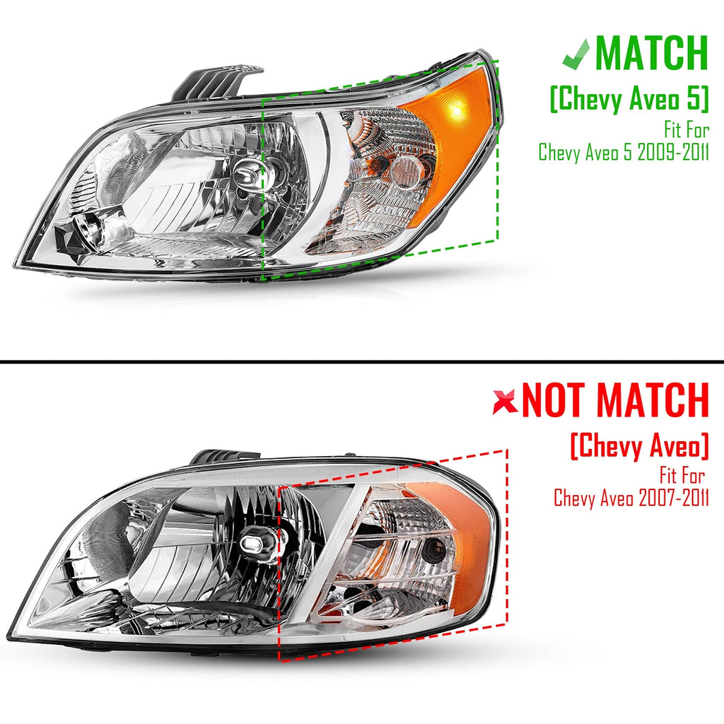 Halogen Headlight Left for Chevy Aveo 5 LS/LT (2009–2011) W/Amber Reflector