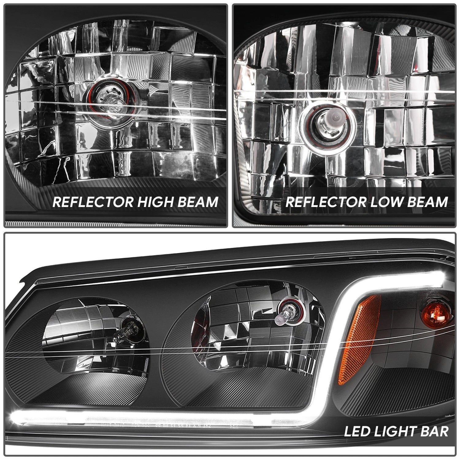 LED DRL Headlight/Lamp for Chevy Impala (2000–2005) Black Housing Amber Corner