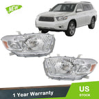 Set of 2 Replacement Headlights for Toyota Highlander (2008–2010) Chrome Halogen
