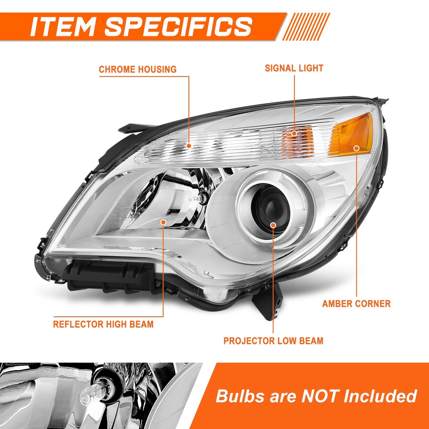 Left Side Projector Headlight for Chevy Equinox LTZ (2010–2015) Chrome/Amber