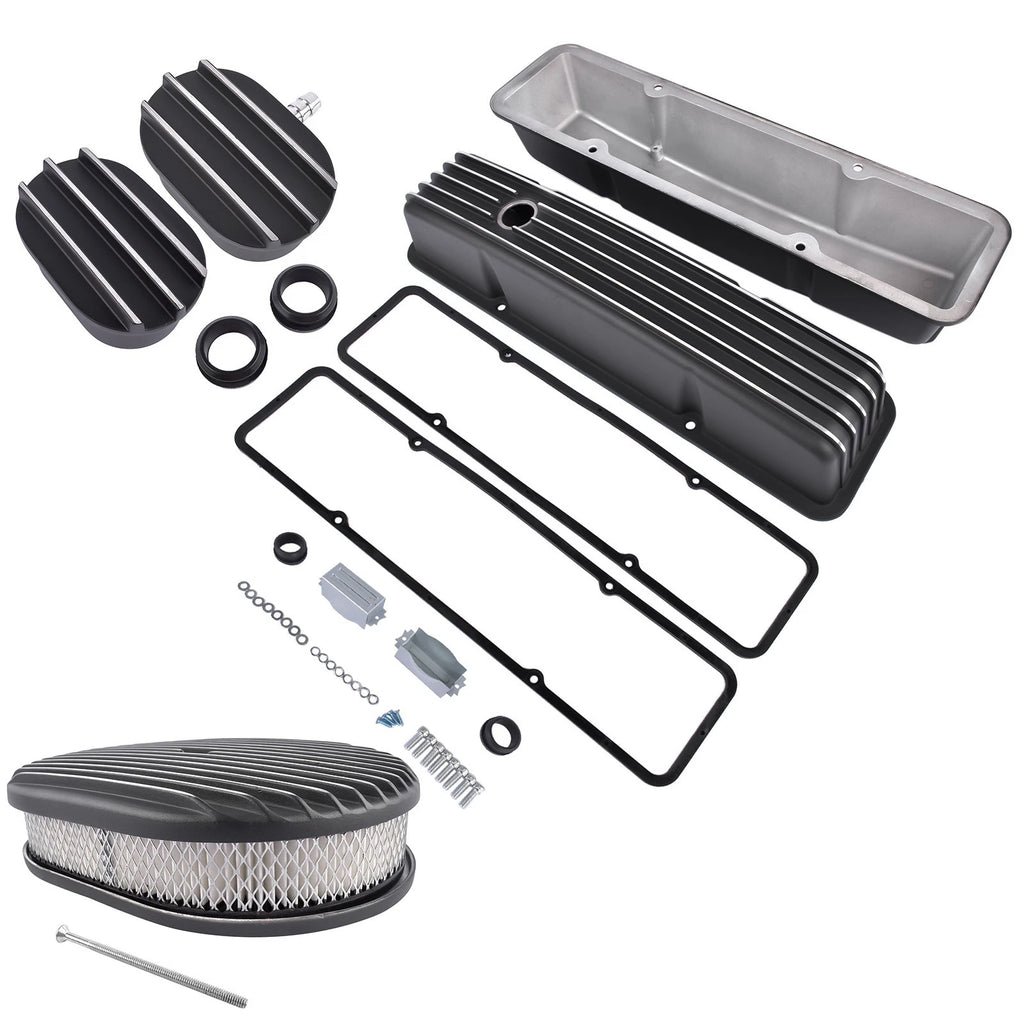 Finned Tall Valve Covers & Oval Air Cleaner Kit for Chevy SBC