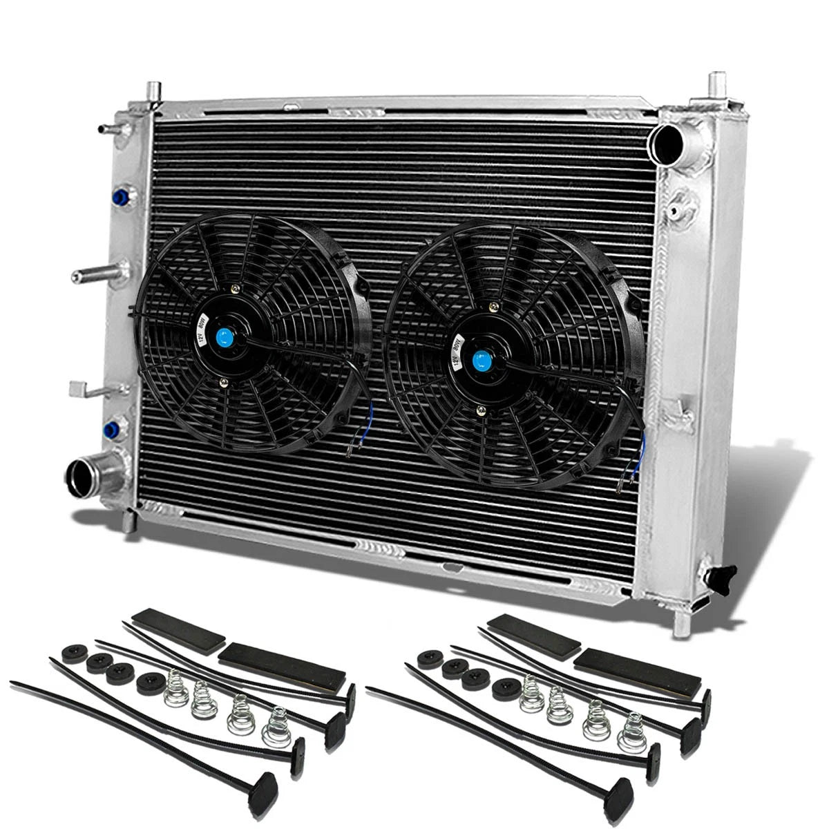 Three Row Aluminum Chrome Radiator + 10" Black Fans for Mustang (1997–2004)