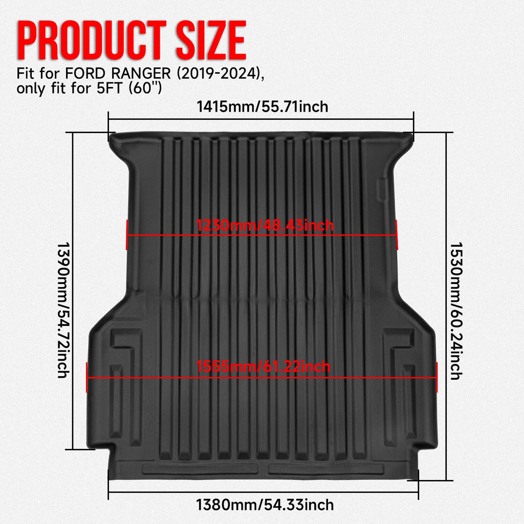 Truck Bed Mat for Ford Ranger Crew Cab 2019–2023 5ft 3D TPE Liner