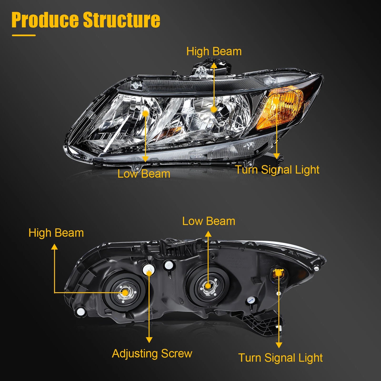 Headlight Assembly Black Pair for Honda Civic 2Dr, 4Dr (2012–2015)