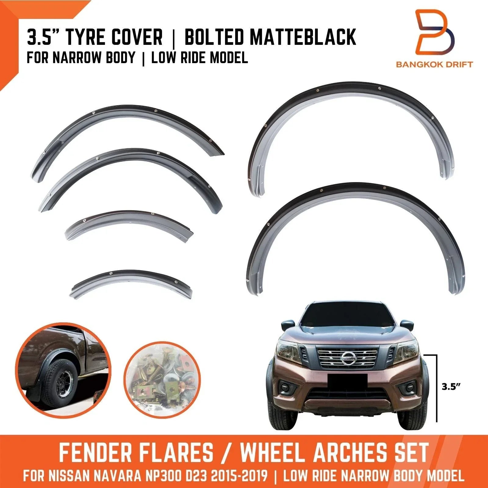 3.5" Tyre Coverage Matte Black Bolted Fender Flares for Nissan Navara (15-19)