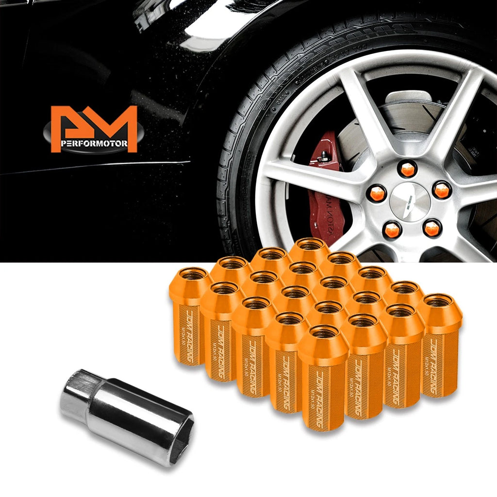20Pc M12X1.5 Orange JDM Closed End Aluminum Wheel Lug Nuts + Extension 25mmx50mm
