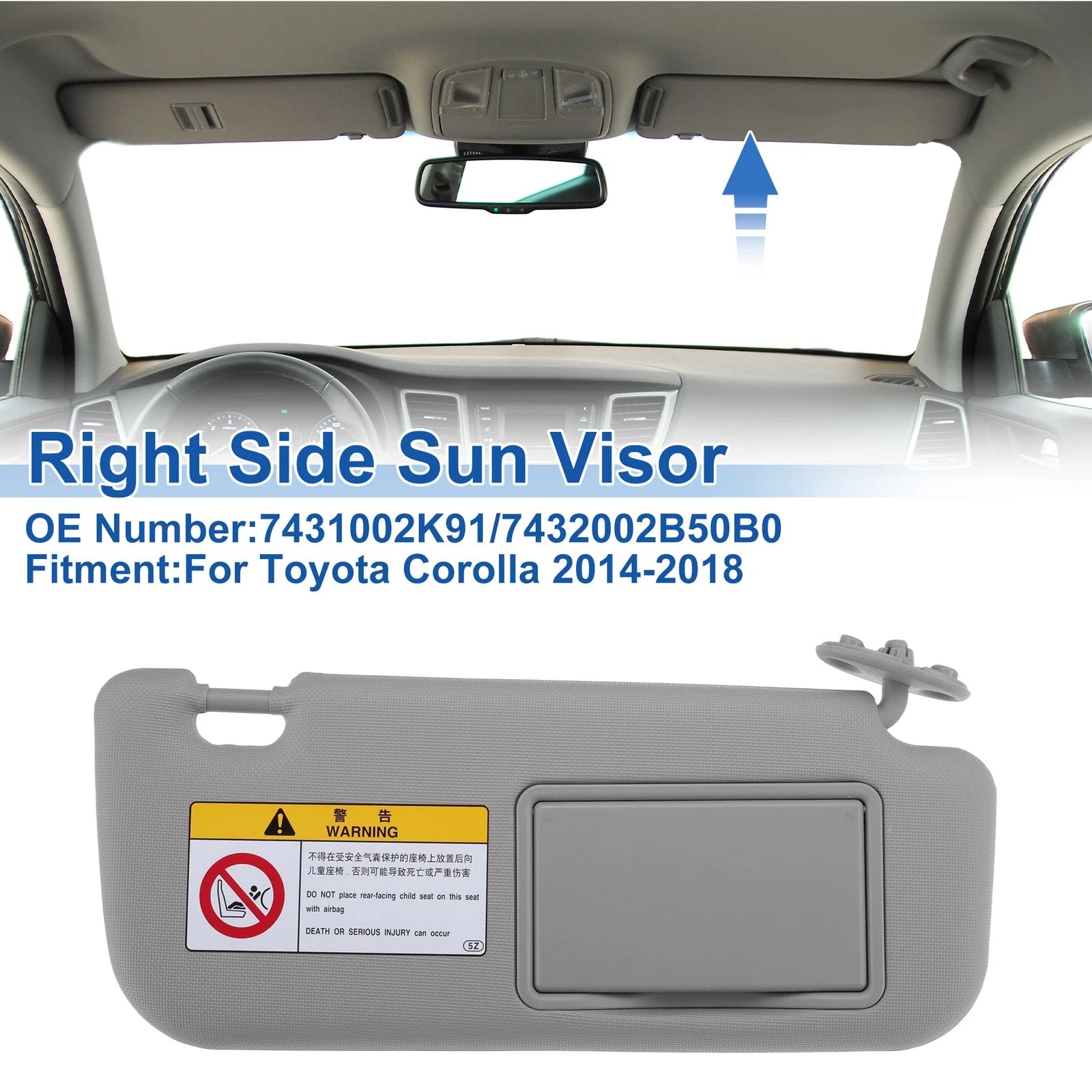 Right Side Sun Visor for Toyota Corolla (2014–2018) No. 7431002K91 Gray