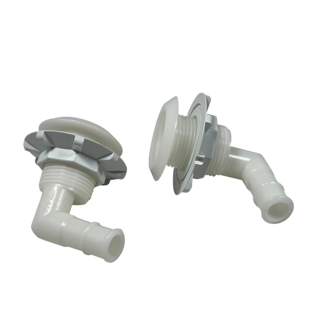 2X 100 Degree Plastic Thru Hull for Hose Barb, White (3/4in)