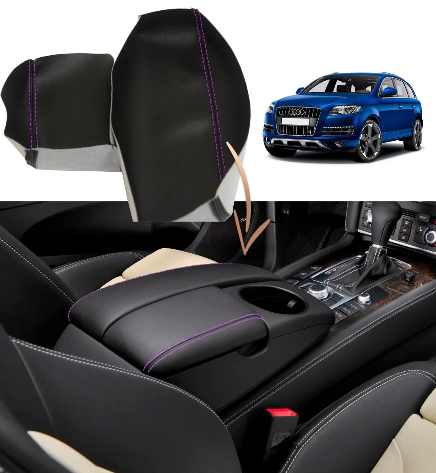 Leather Console Lid Armrest Cover for Audi Q7 (2007–2015) Purple Stitch