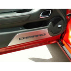Stainless Door Panel Kick Plates with Yellow Camaro Inlay for 2010–2015 Camaro