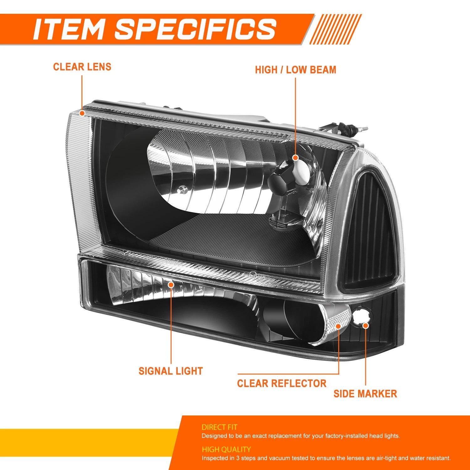 Headlight Lamps for Ford F250/F350 Super Duty (1994–2004) Black Housing Clear Corner
