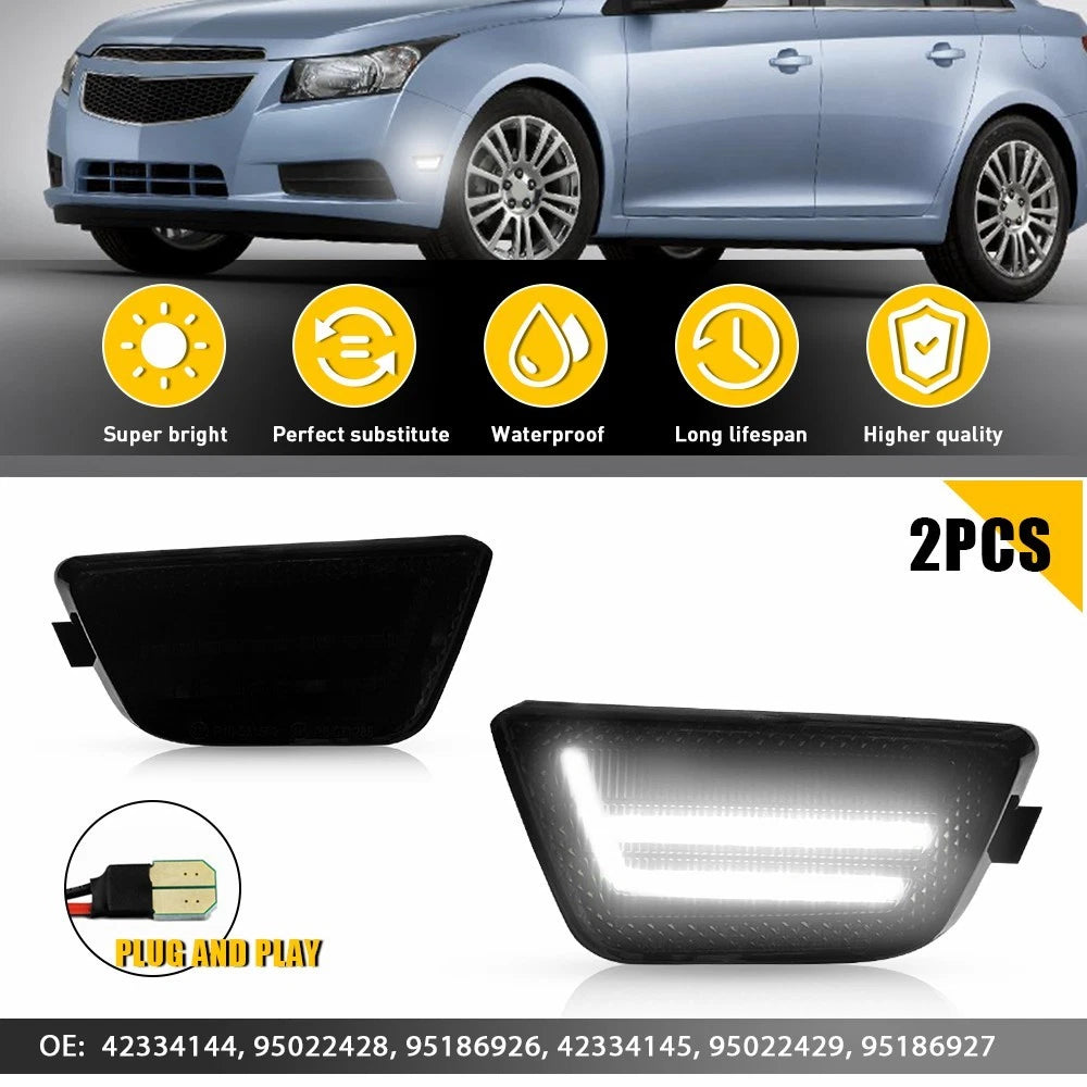 2X White LED Front Bumper Side Marker Lights Smoked Lens for Chevy Cruze (2011–2015)