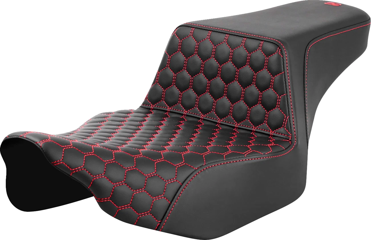SADDLEMEN Step-Up Seat for Harley FL (Extended Reach, Honeycomb, Red Stitch)
