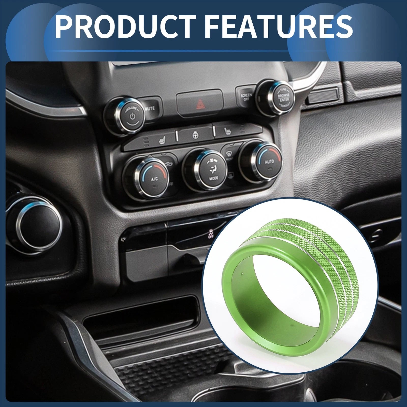 Set of 5 AC Media Volume Switch Knob Cover Rings for Dodge RAM (2018–2022) Green