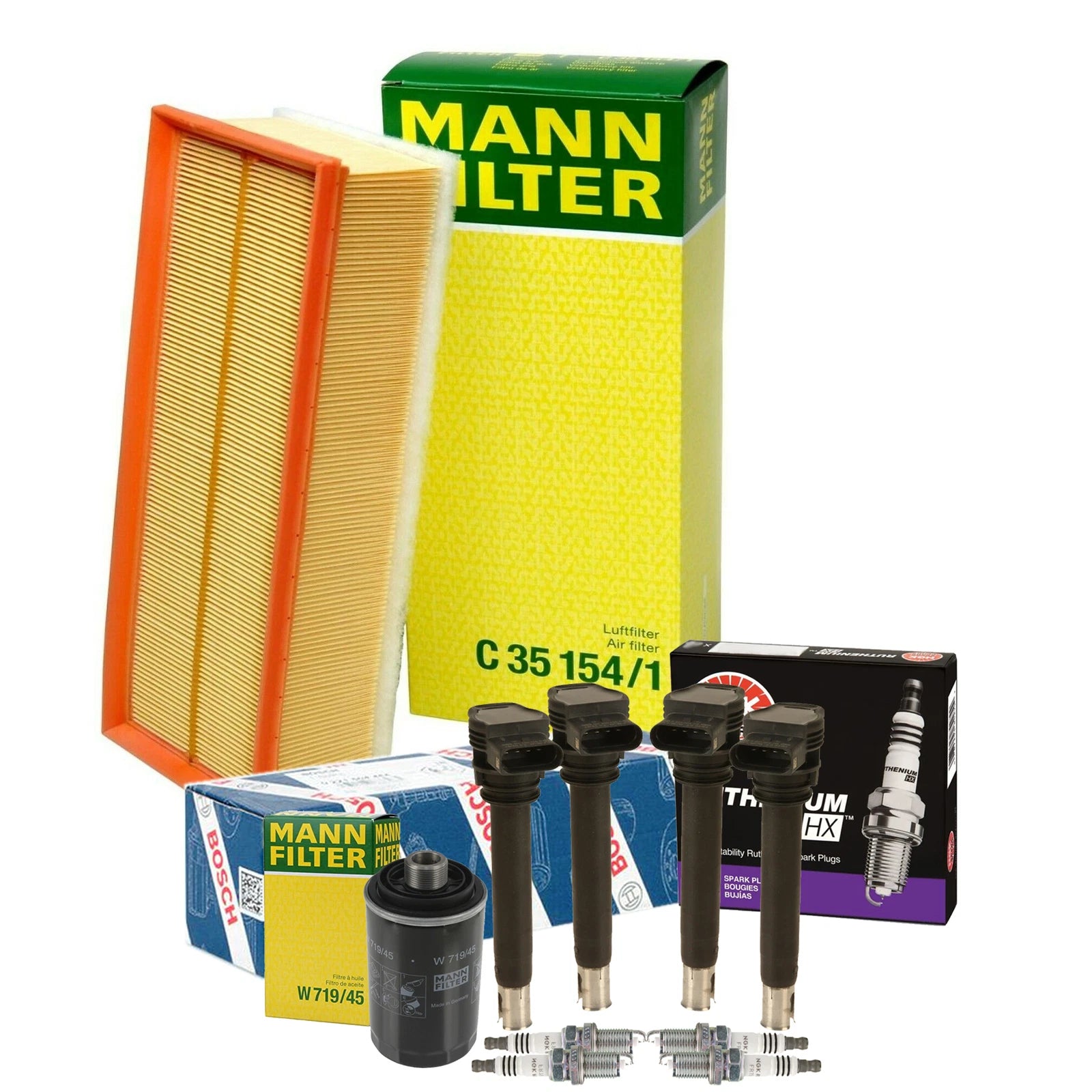 Set of 4 Mann Filters & 4 NGK Ruthenium HX Spark Plugs for Audi VW