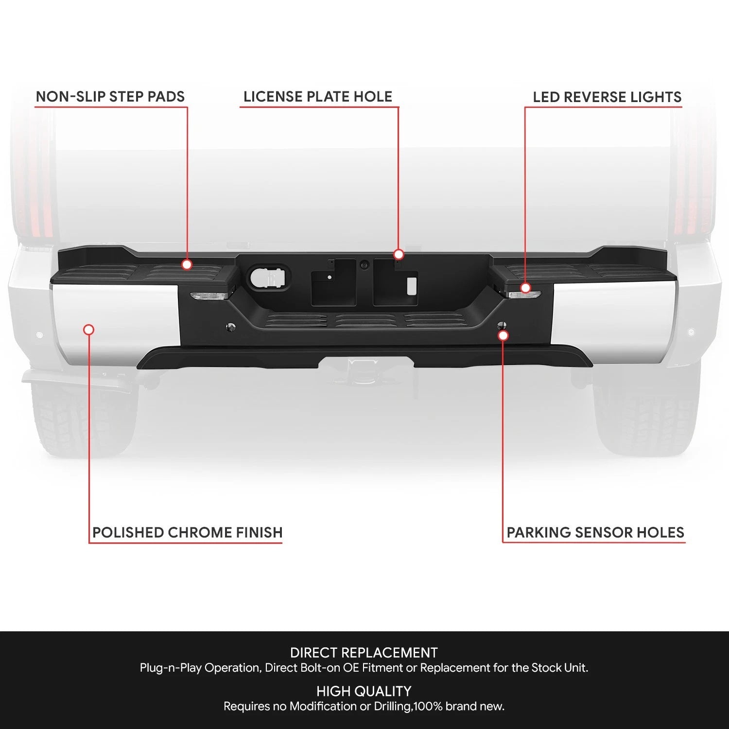Chrome Rear Step Bumper for Toyota Tundra (2022–2026) w/Sensor Hole