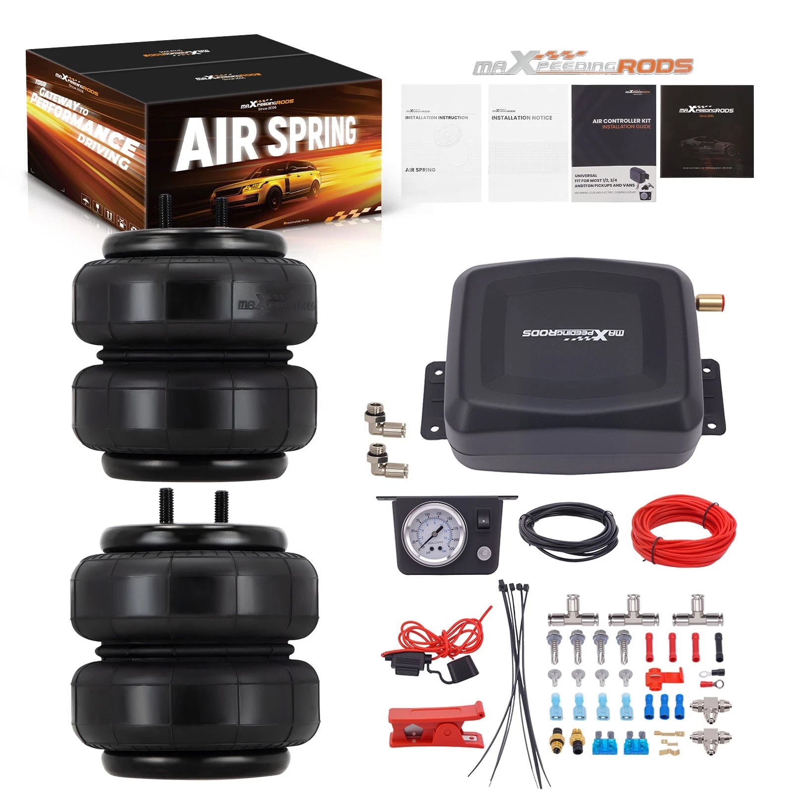 Pair Air Ride Bags + Air Compressor Kit for Ford (Replacement for Firestone 6781)
