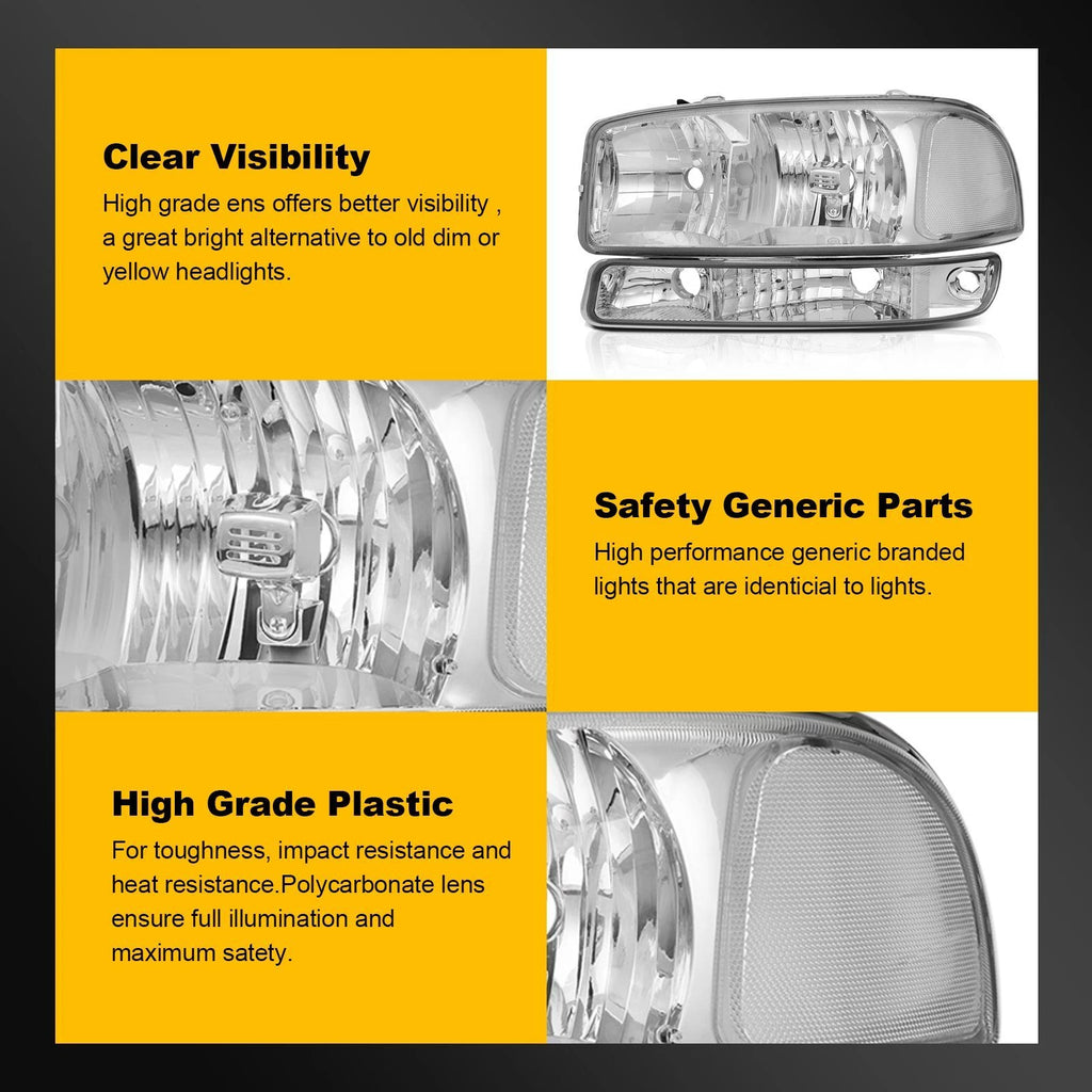 Chrome Headlight Assembly and Bumper Lamps for GMC Sierra 1500 2500 3500 (1999–2007)