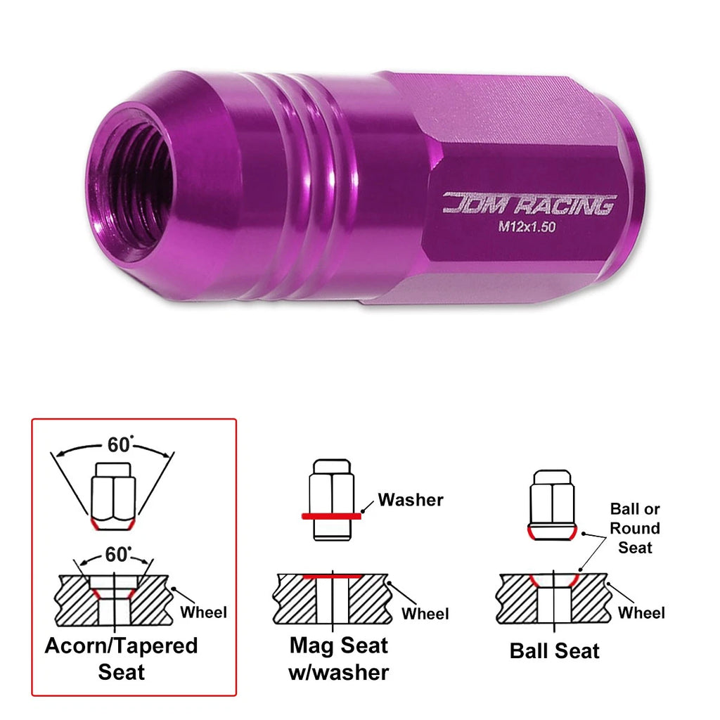 Set of 20 M12X1.5 Purple Closed End Cone Hex Wheel Lug Nuts + Extension 20mm