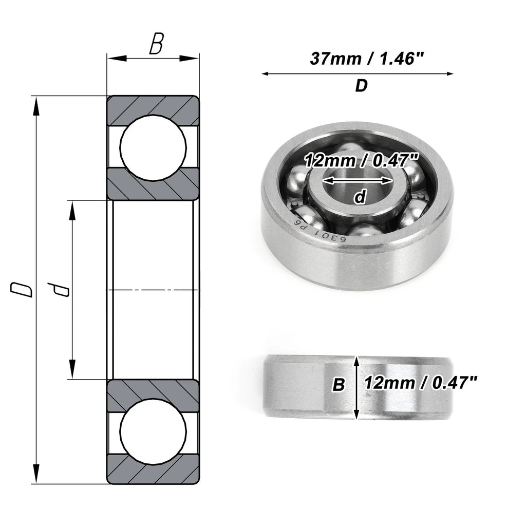 6301 Deep Groove Ball Bearing for Scooter Skateboard Wheel (12x37x12mm)
