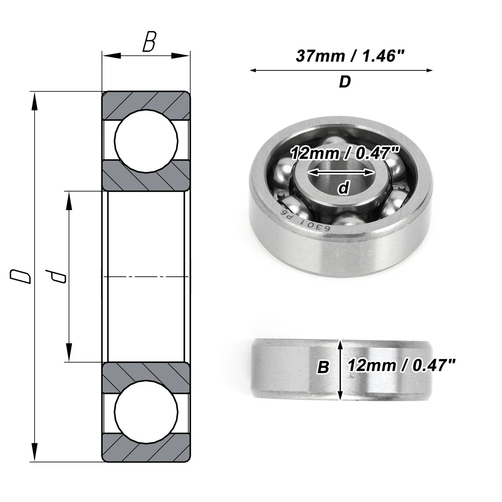 6301 Deep Groove Ball Bearing for Scooter Skateboard Wheel (12x37x12mm)
