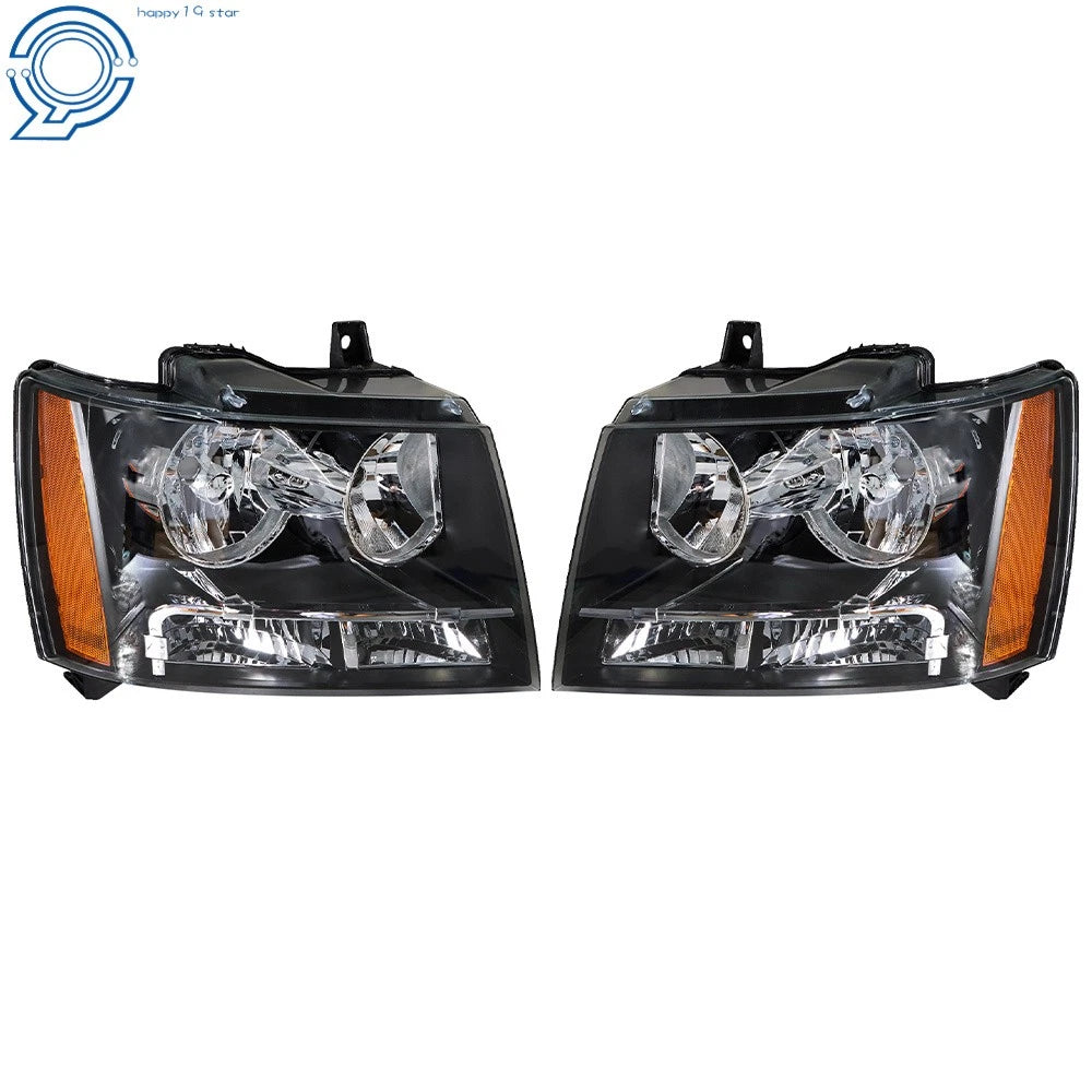 Set of 2 Black Headlights with Amber Corner for Chevy Avalanche/Suburban/Tahoe (2007–2014)