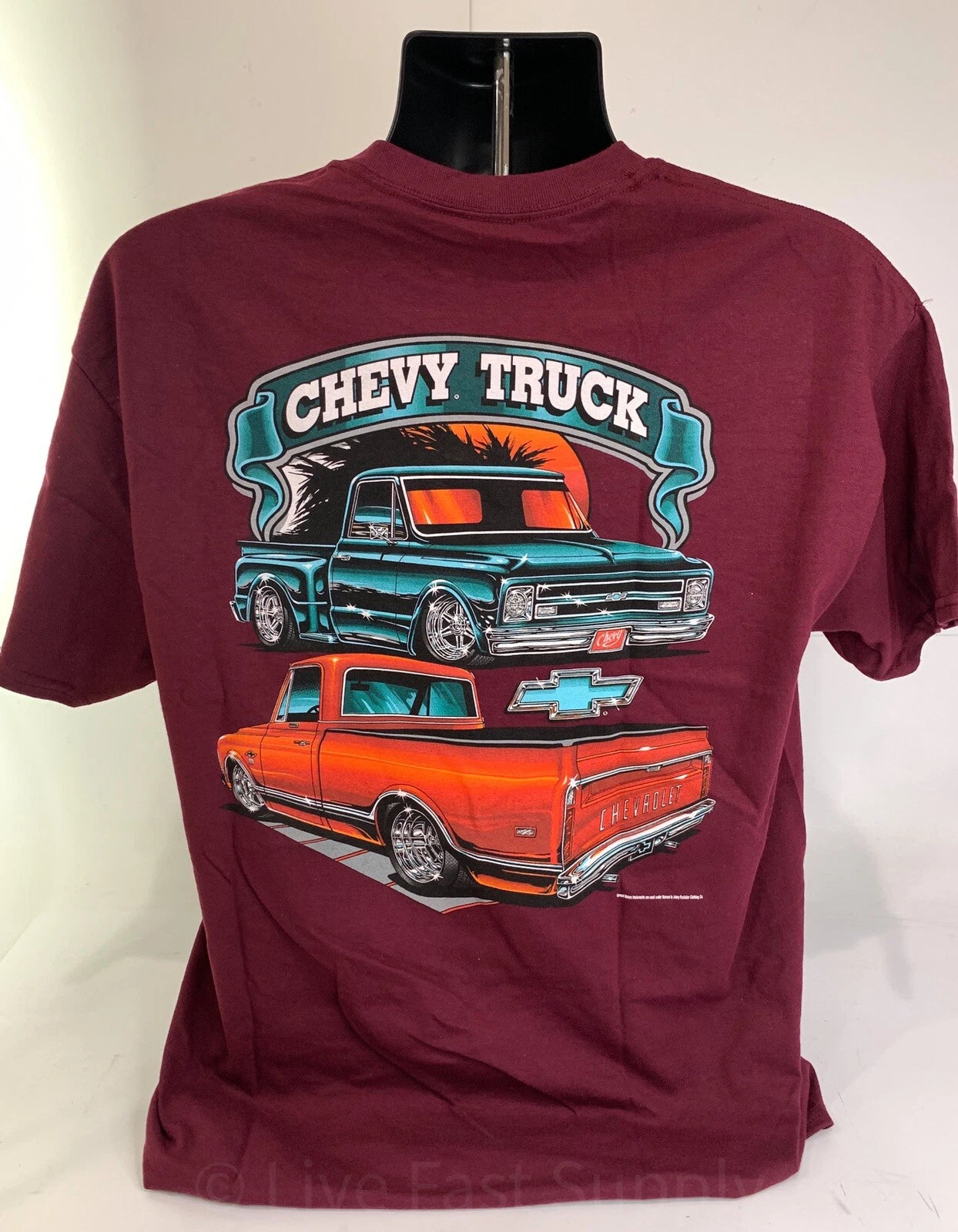 Licensed 1967–1972 Chevy C10 Pickup Maroon T Shirt w Trucks Front Print