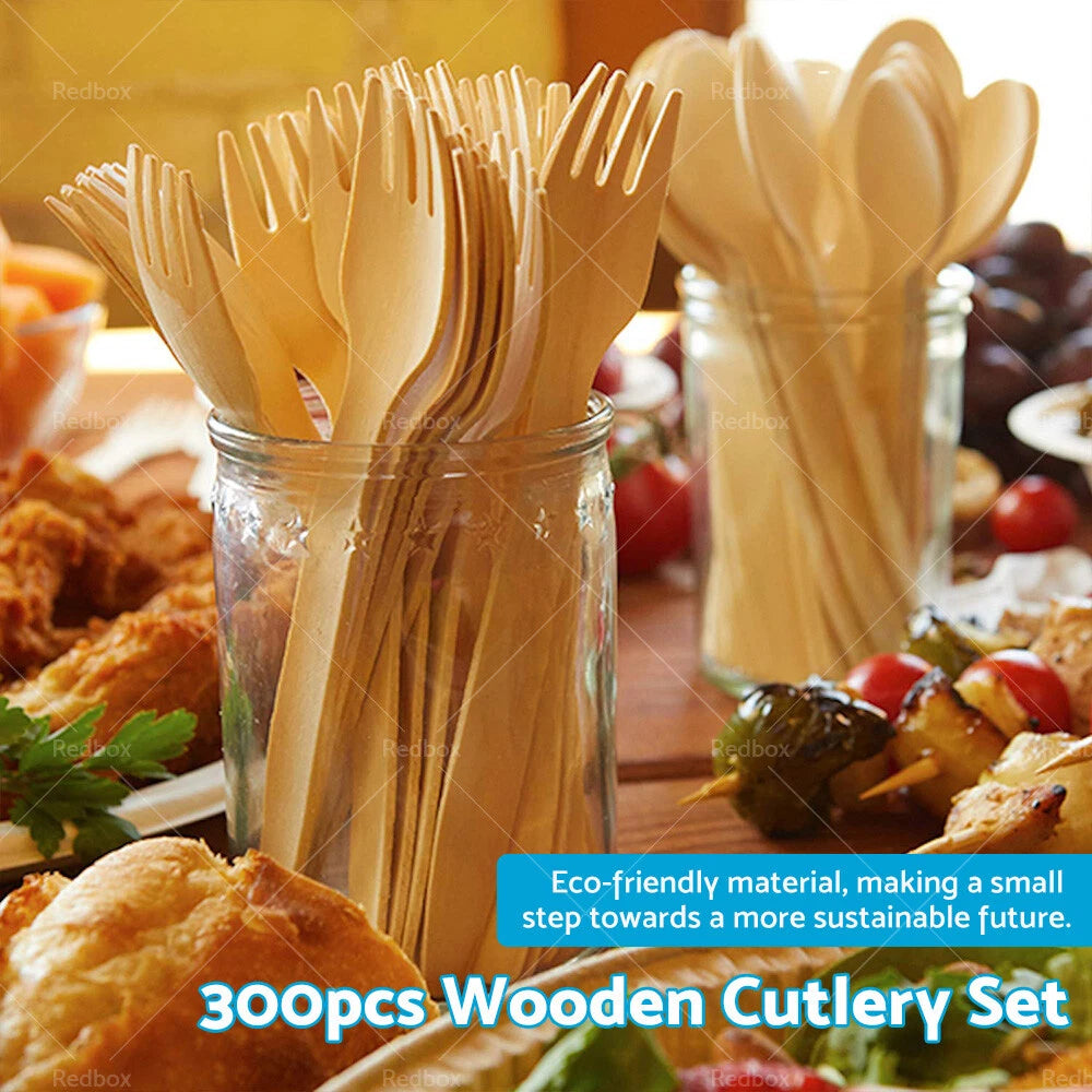 300x Disposable Bamboo Cutlery Set for Parties (Eco-Friendly)