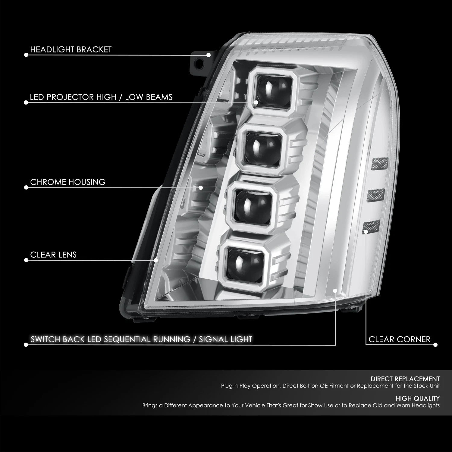 Quad Projector Switchback LED Headlights for Cadillac Escalade ESV EXT (2007–2014)