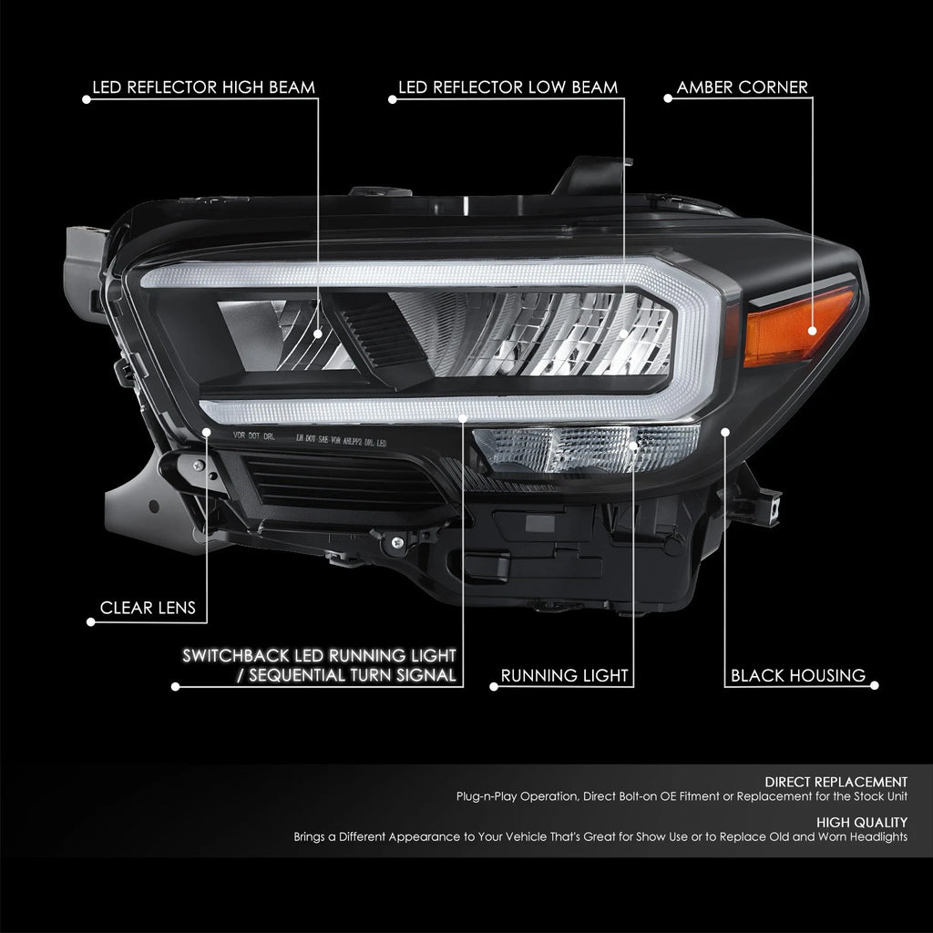 Driver Left Side Headlight for Toyota Tacoma (2020–2023) - Black Housing, Amber Corner